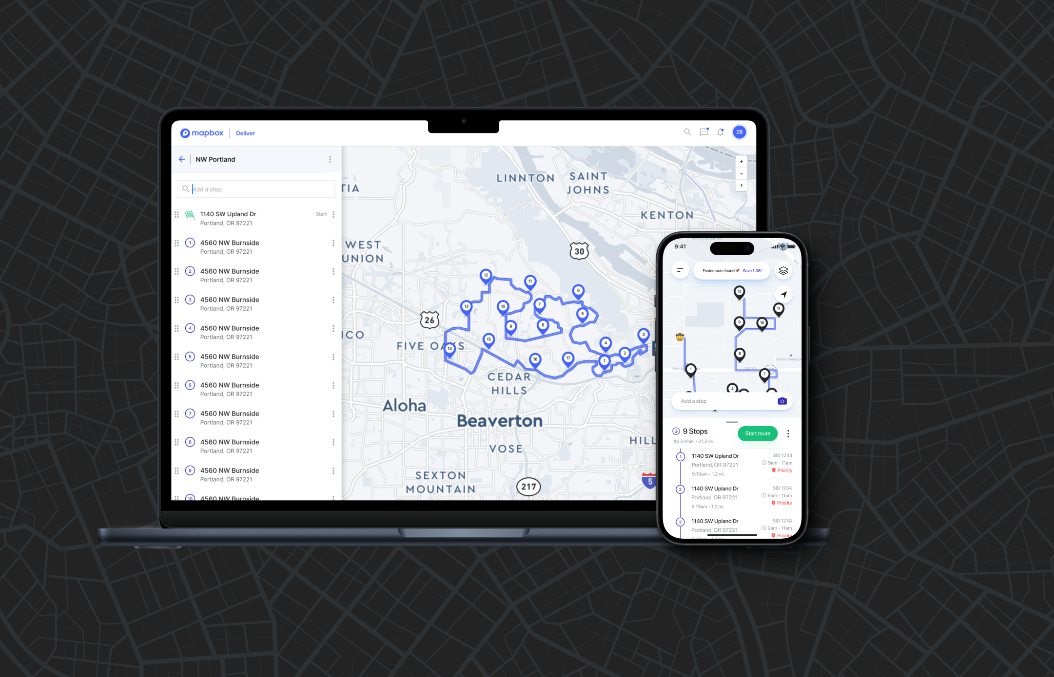 Multi-stop navigation and dispatch console for delivery fleets.